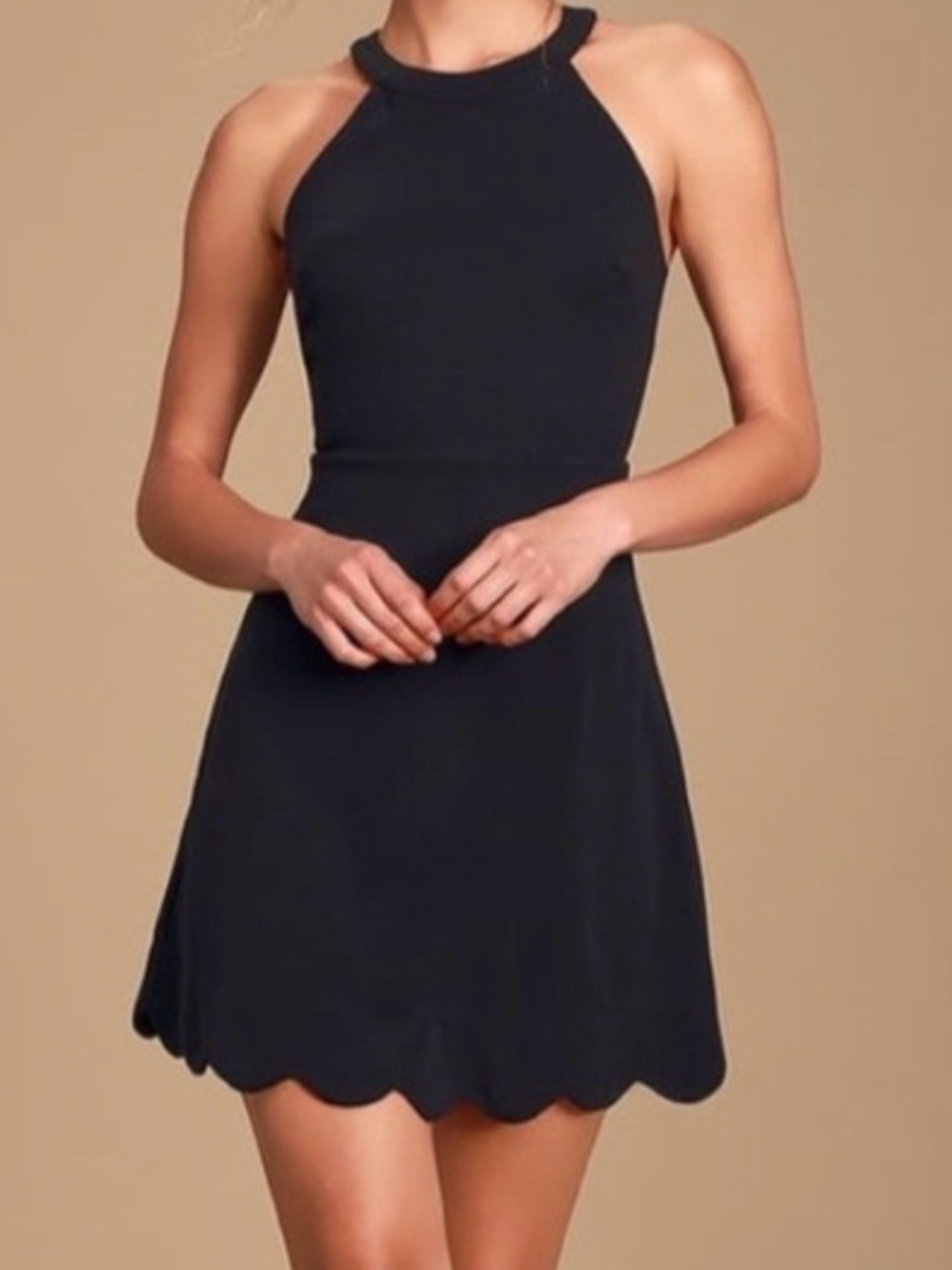Lulu's Black Halter Neck Scalloped Mini Dress